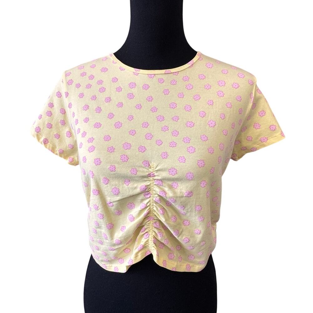 New BP. NORDSTROM Women's Yellow Pink Floral Ruched Short Sleeve T-Shirt Size XL